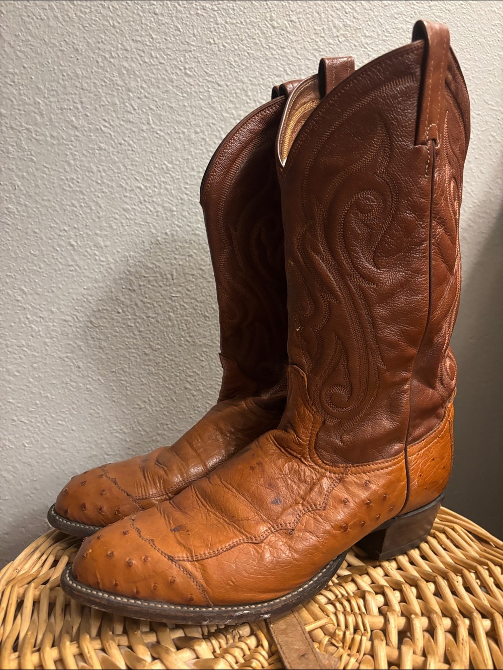 Tony Lama Two-Tone Tan and Brown Ostrich-Inspired Cowboy Boots